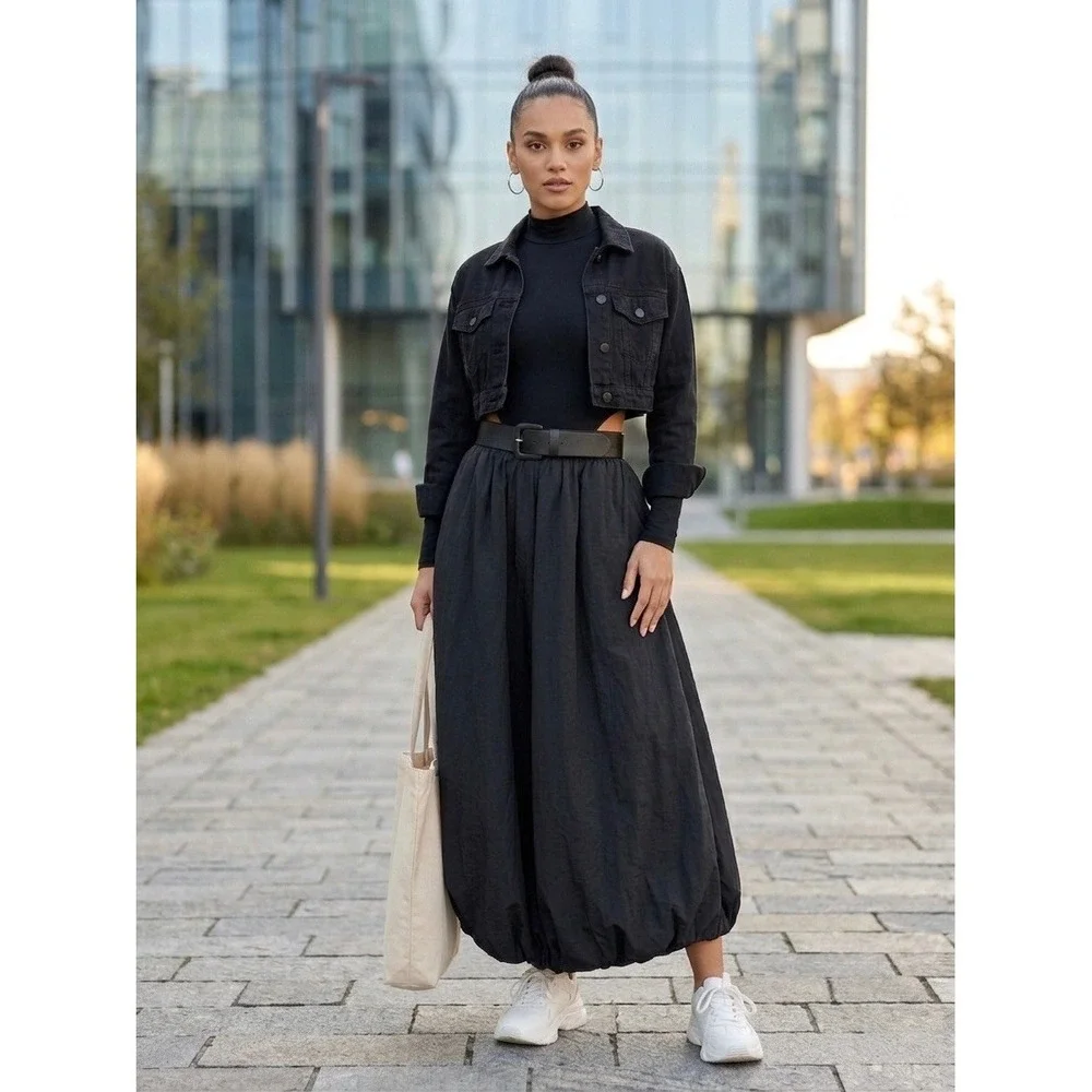 Black Parachute Bubble Skirt Elastic Waist Midi Balloon Puff Streetwear Goth
